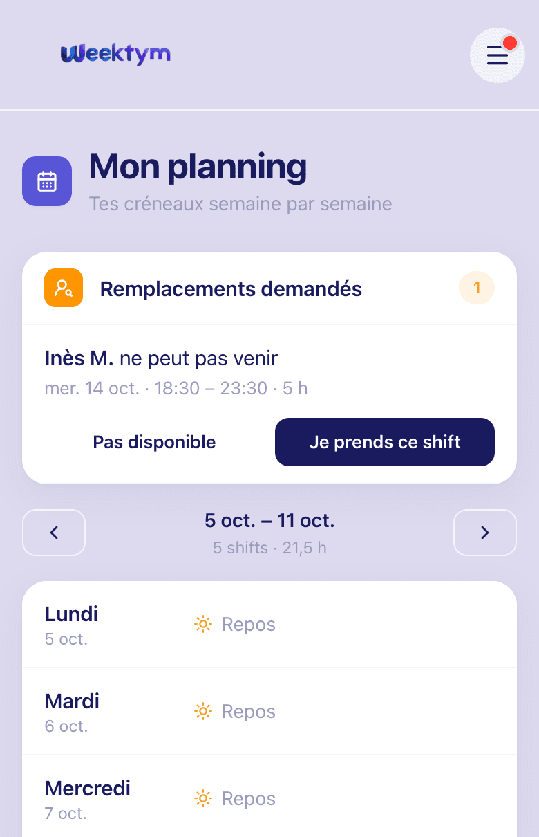 Téléphone de Lucas, serveur : Inès M. ne peut pas venir mercredi 14 octobre de 18 h 30 à 23 h 30