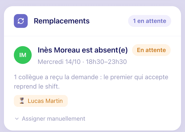 Sur l’Accueil du patron : Inès Moreau absente, en attente, un collègue a reçu la demande : Lucas Martin