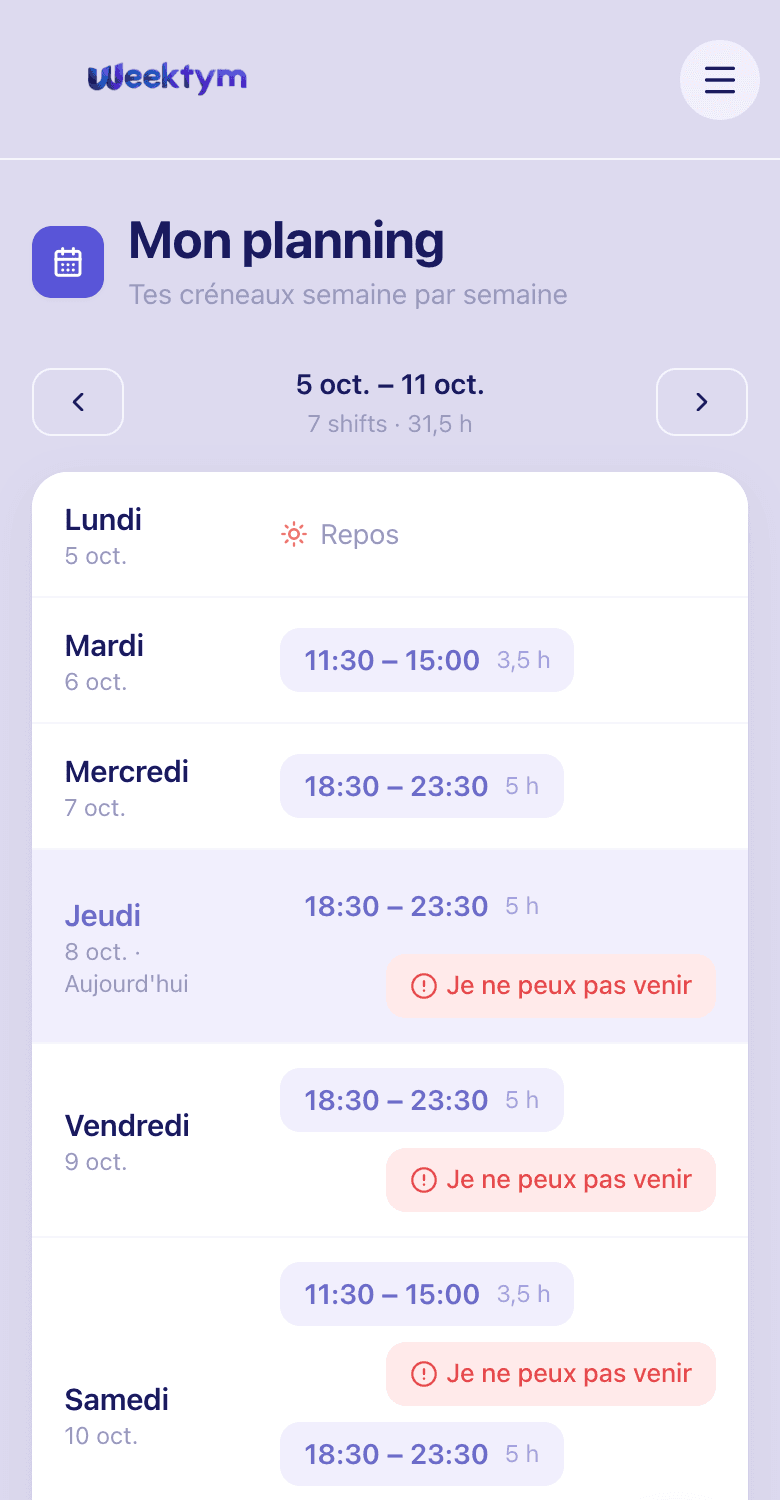 Planning d’Inès, serveuse, sur son téléphone : ses services de la semaine et le bouton « Je ne peux pas venir »
